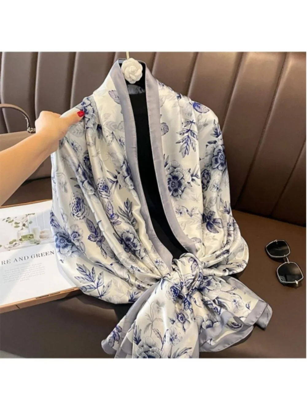 Women's Blue Lightweight Silk Like Scarves Flower Print Head Cotton Wrap Scarf